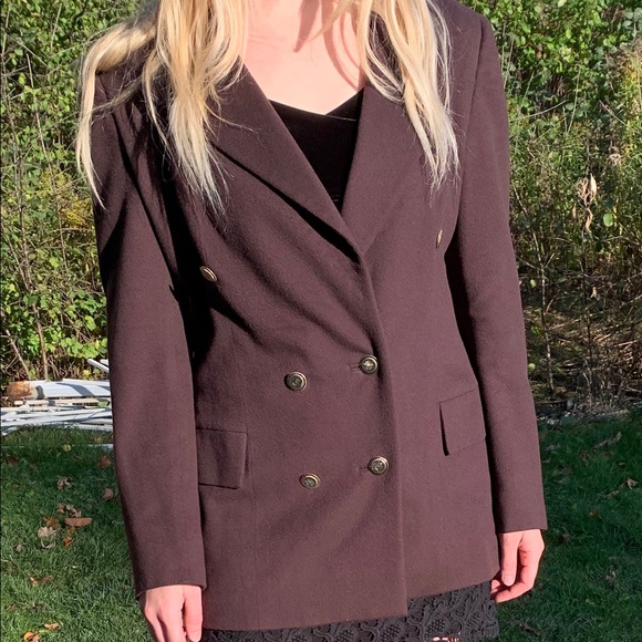 Dark chocolate brown wool blazer double breasted double collar gold buttons US 8 - Picture 10 of 16